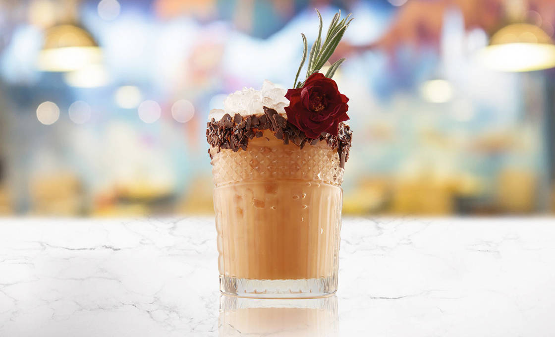 Glass of Chocolate Rose Praline on a marble counter