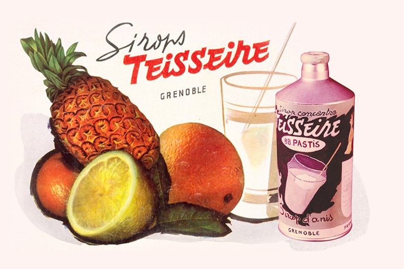 An old advertisment for Mathieu Teisseire, featuring fruit and bottles