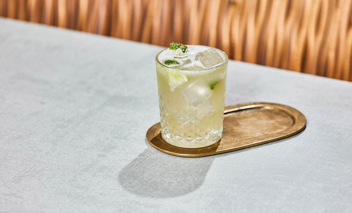 A close up of a caribbean connection drink on a table