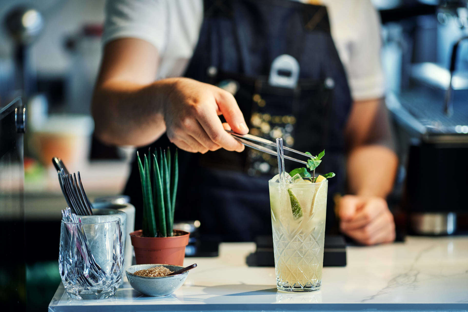 Bartender garnishing a class of Icy Tonic