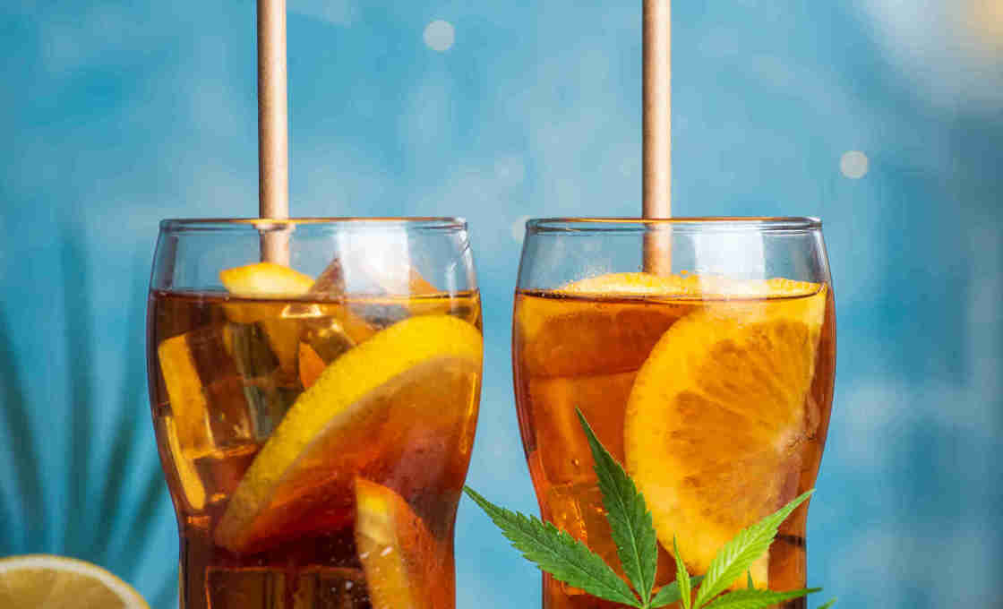 Two glasses on a table with half a lemon and mint sprigs