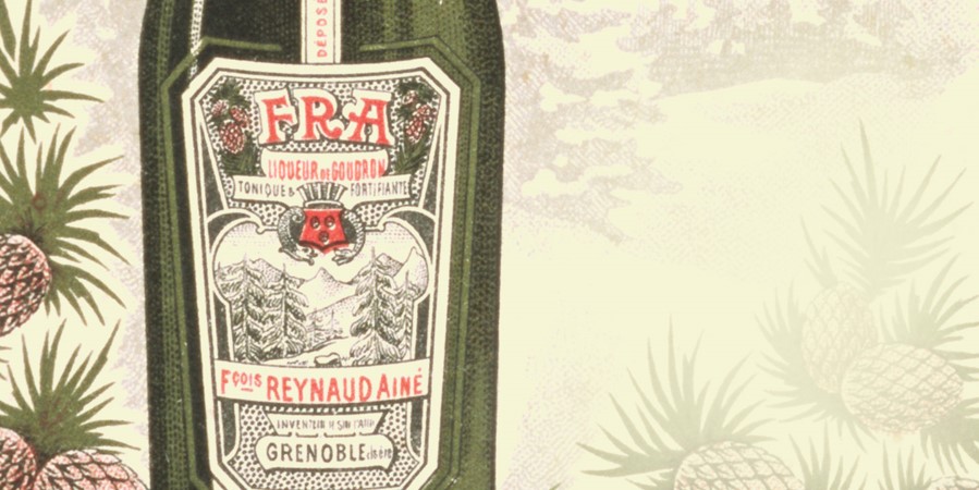 Old advertisement featuring a a close up drawing of a Teisseire bottle