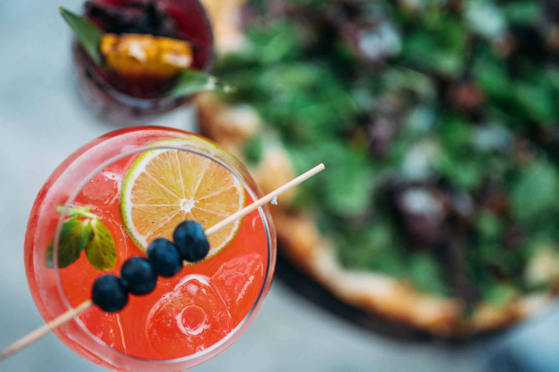 Top down view of the sky team mocktail with garnish